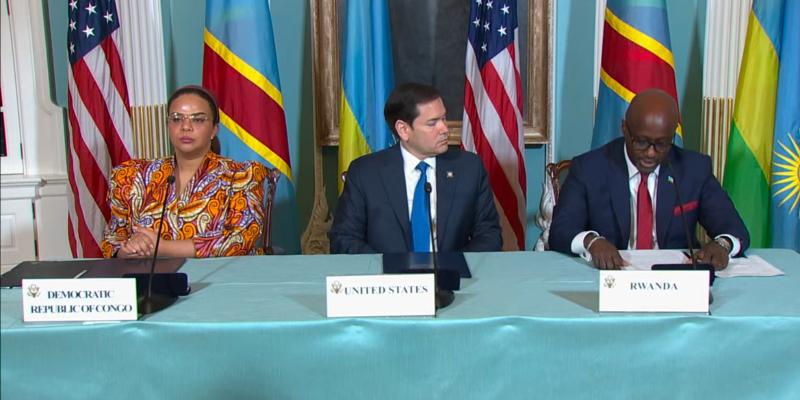 La ministre congolaise des Affaires étrangères, Thérèse Kayikwamba Wagner, son homologue rwandais, Olivier Nduhungirehe, et Marco Rubio